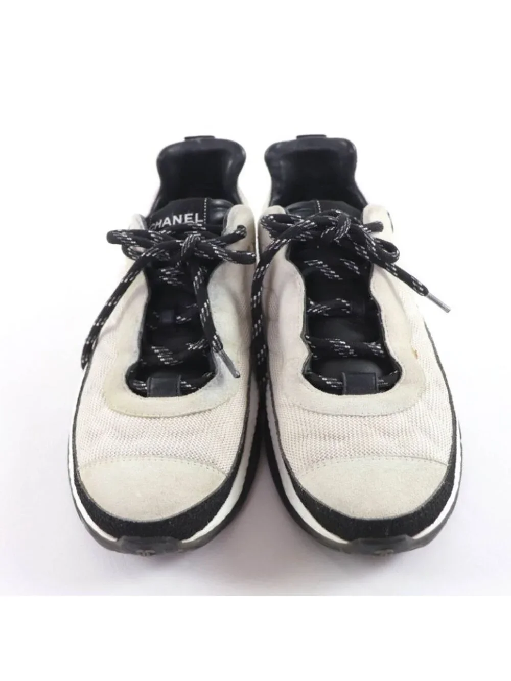 Chanel CC Logo Leather Lace Up Mesh Sneakers Off White 41 - Picture 3 of 13